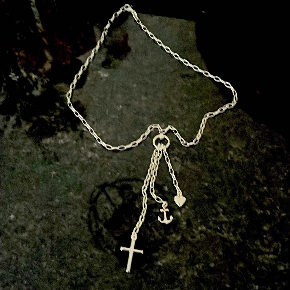 Italian SterlingSilver Necklace with Cross, Heart and Anchor Charms 16” chain